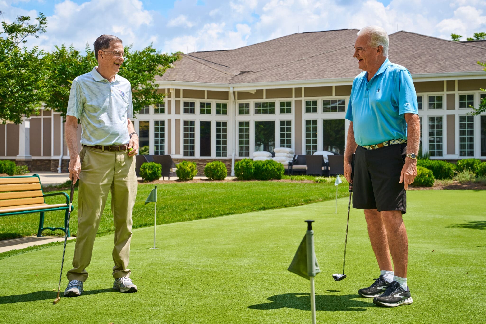 Independent living residents practice their golf game at The Heritage at Brentwood® in, TN.