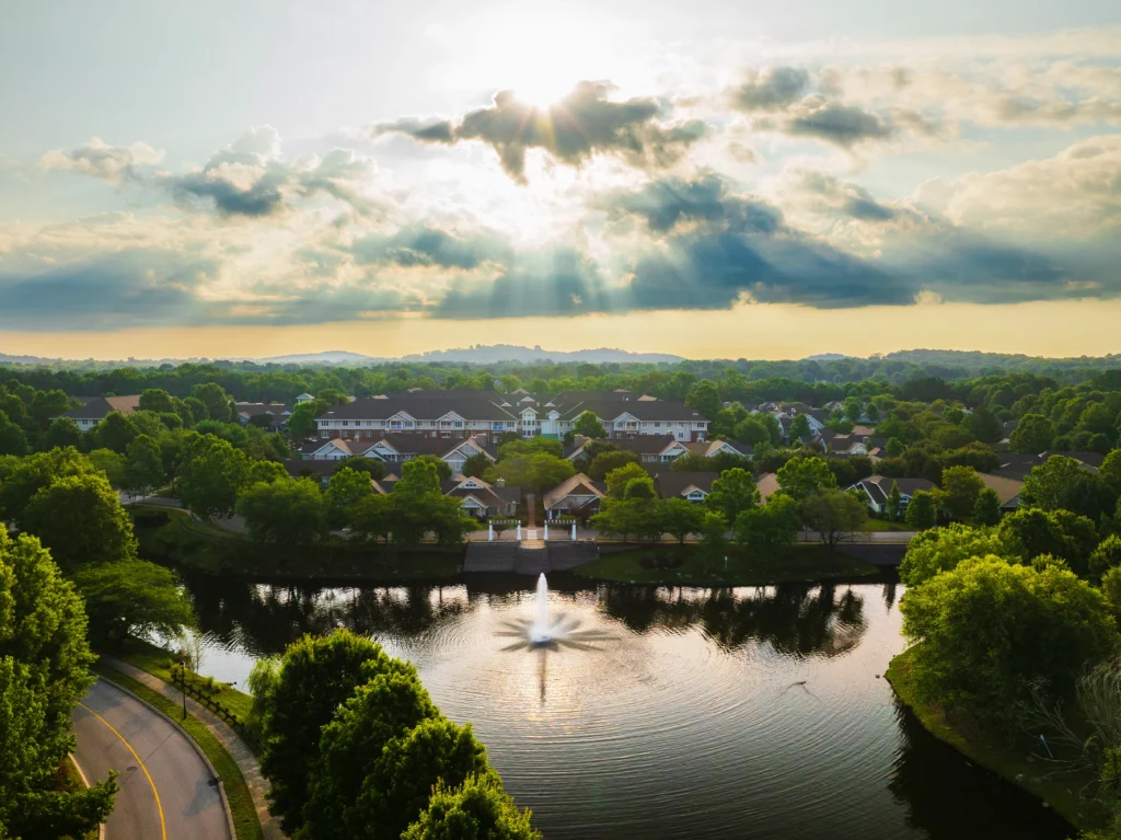An aerial view of The Heritage at Brentwood, a Lifecare community offering different CCRC Contract Types like Type A in Brentwood, TN.