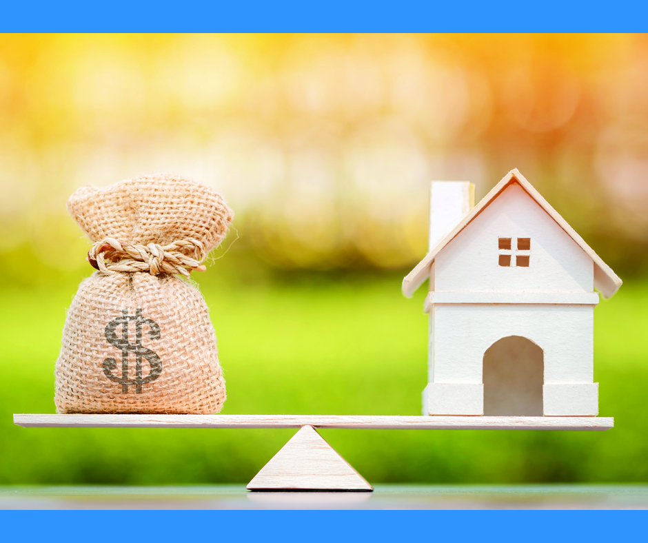 A photo of a small bag with a money symbol and a house, balancing on either side of a seesaw